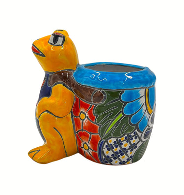 Mexican Talavera Standing Frog with Basket Planter Pot Hand Painted - Yellow Frog
